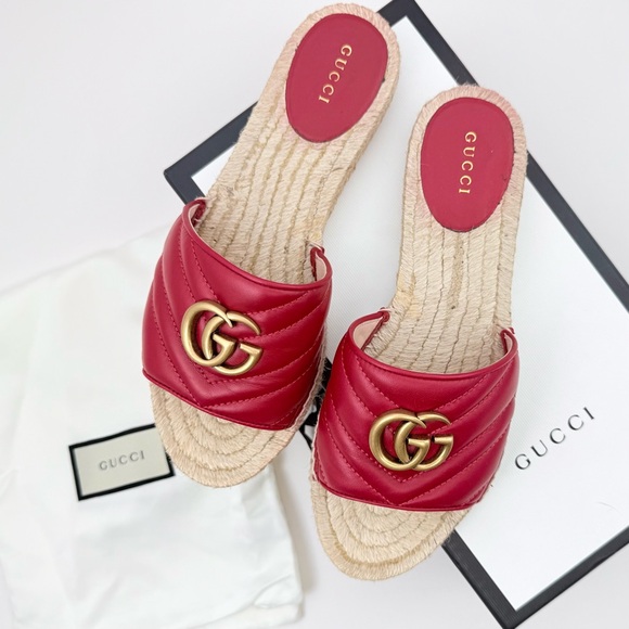 Gucci Charlotte Matelesse Espadrille Marmont Slide Sandal Hibiscus Red Leather 8 - Picture 3 of 16